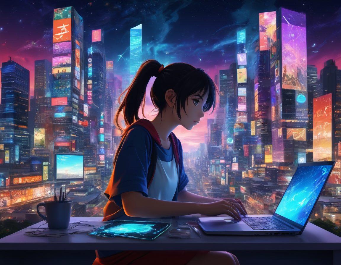 A captivating digital collage featuring a glowing laptop screen displaying vibrant anime characters, surrounded by an array of streaming icons and symbols. The background should have abstract patterns of colorful anime scenes, evoking a sense of excitement and adventure in the world of adult streaming. Include a subtle hint of a city skyline in the distance to represent connection and exploration. anime-inspired art style. vibrant colors. futuristic elements.